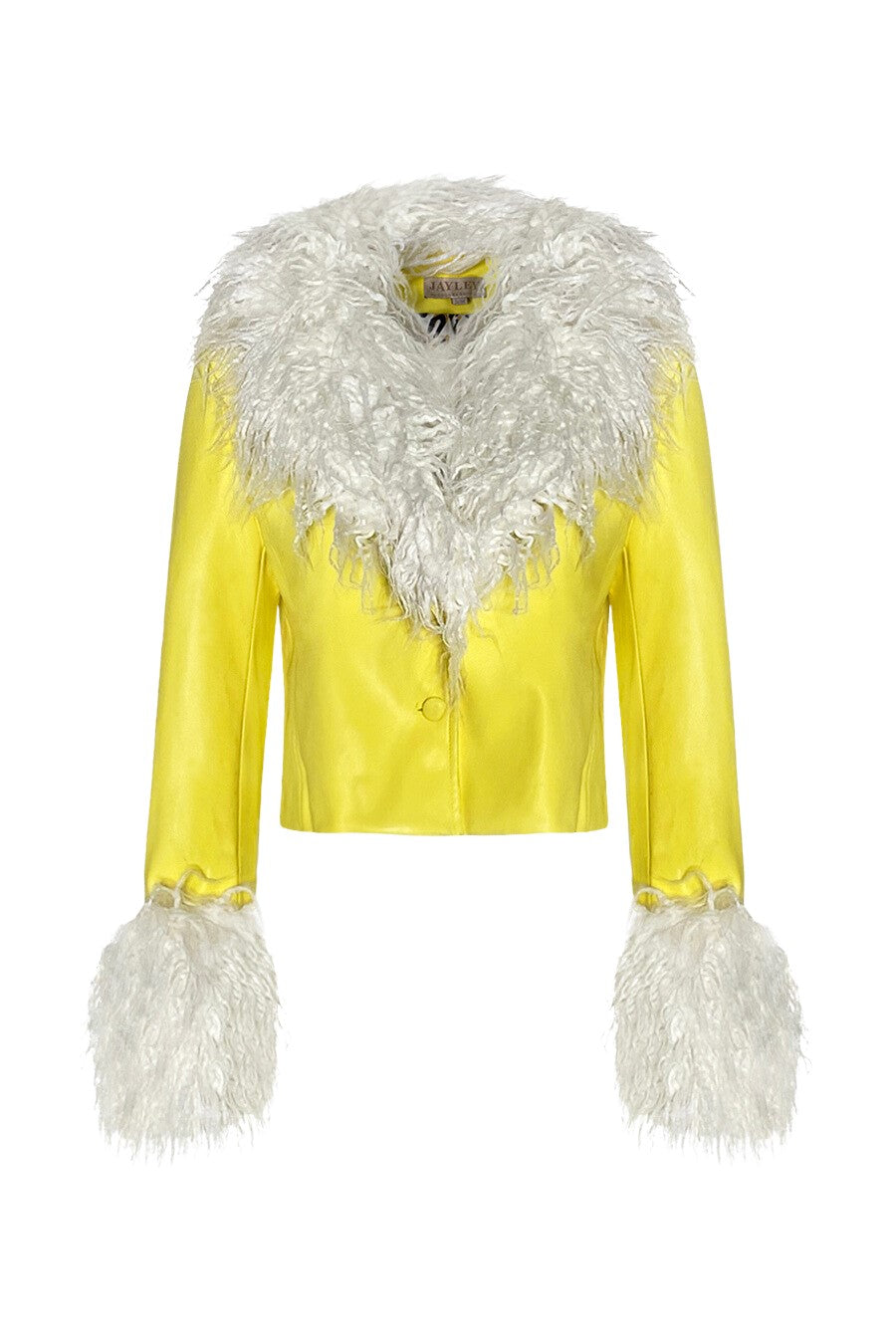 lime yellow leather vegan jacket coat outerwear mongolian fur detatchable jayley jay ley runway design lustruck collection designer meshki nastygal revolve fashion trend trendy style kim kardashian kylie jenner zendaya beyonce taylor swift gwen stefani bella hadid  selena gomez jlo cardib nicki minaj lady gaga citygirls doja cat ariana grande rihanna online shop shopping gift statement piece zara asos amazon finesse clothing prettylittlething naked wardrobe fashionnova nordstorm shopbop boohoo dollskill