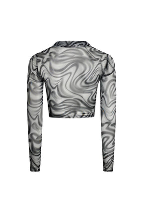 "GROOVY SWIRLS" Black & White Marble Print Mesh Button-Up Crop Top