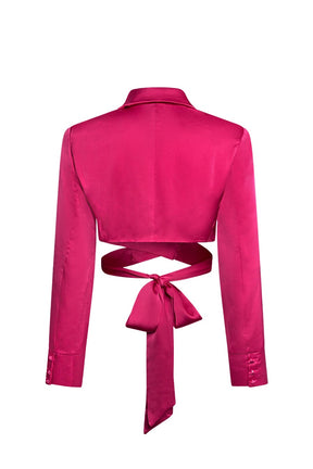 "BOSS BOO" Fuchsia Pink Satin Criss-Cross Crop Blazer Top