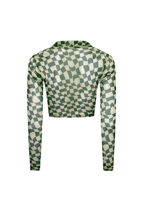 "WAVY CHECKERS" Forest Green & Cream Print Mesh Button-Up Crop Top