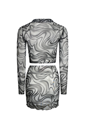 "GROOVY SWIRLS" Black & White Marble Print Mesh Two-Piece Set