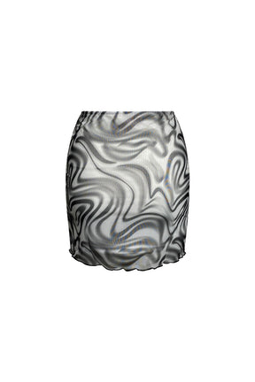 "GROOVY SWIRLS" Black & White Marble Print Mesh High-Waisted Short Skirt