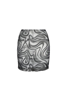 "GROOVY SWIRLS" Black & White Marble Print Mesh Button-Up Crop Top
