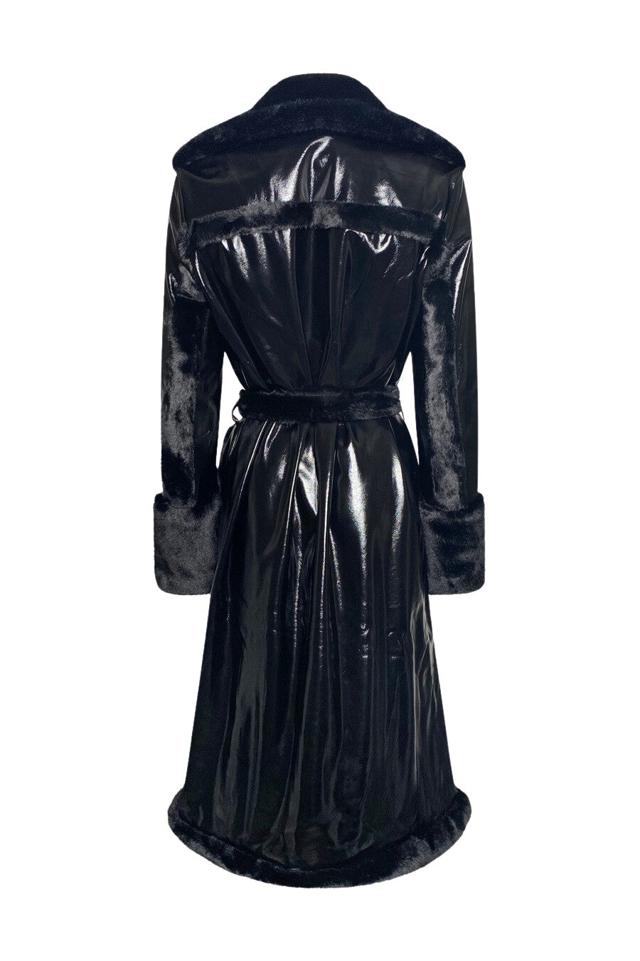 "KNOCTURNAL" Black Patent Leather & Black Vegan Fur Trench Coat