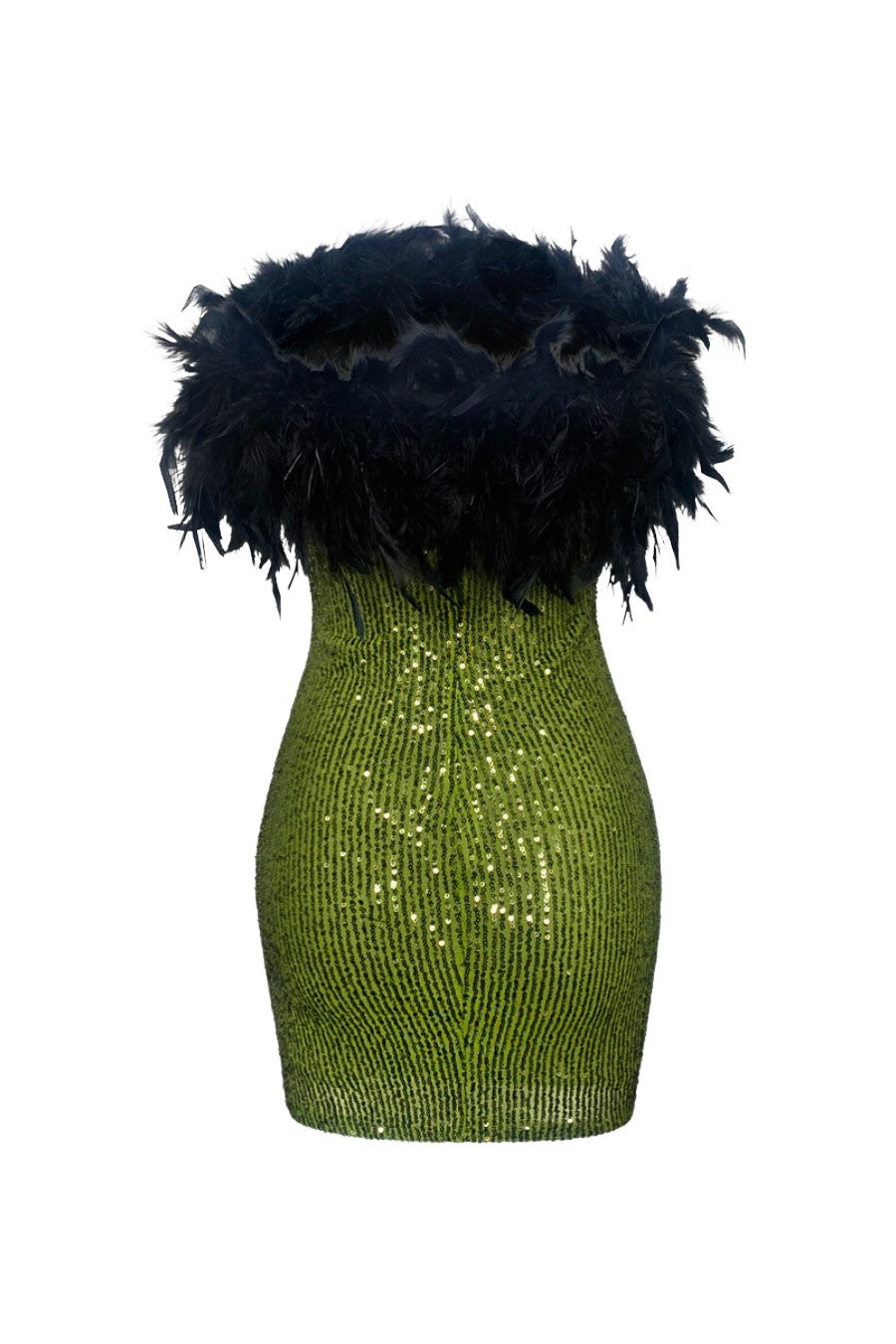 "NIGHT OWL" Olive Green Sequin & Vegan Ostrich Feather Short Tube Dress