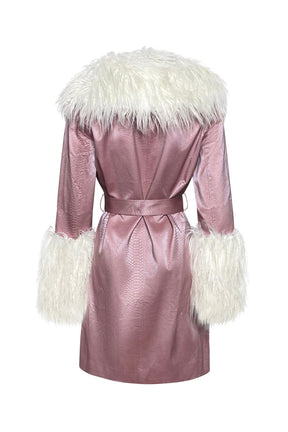 "SET THE TONE" Soft Pink Sueded Vegan Crocodile & Mongolian Fur Trench Coat