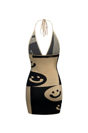 "SMILEY" Black & Nude Heavy-Knit Jacquard Halter Short Dress