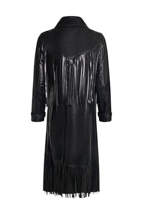 "SMOOTH RIDER" Black Coated Vegan Suede Snake Fringe Trench Coat