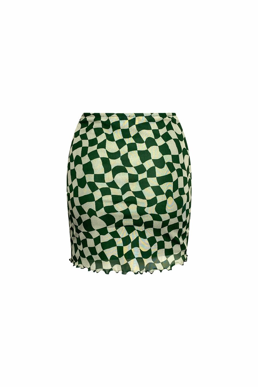 "WAVY CHECKERS" Forest Green & Cream Print Mesh High-Waisted Short Skirt