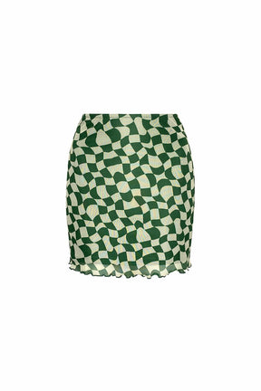 "WAVY CHECKERS" Forest Green & Cream Print Mesh Two-Piece Set