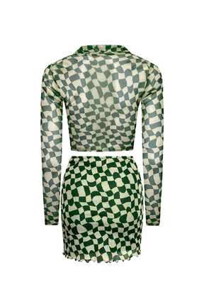 "WAVY CHECKERS" Forest Green & Cream Print Mesh High-Waisted Short Skirt