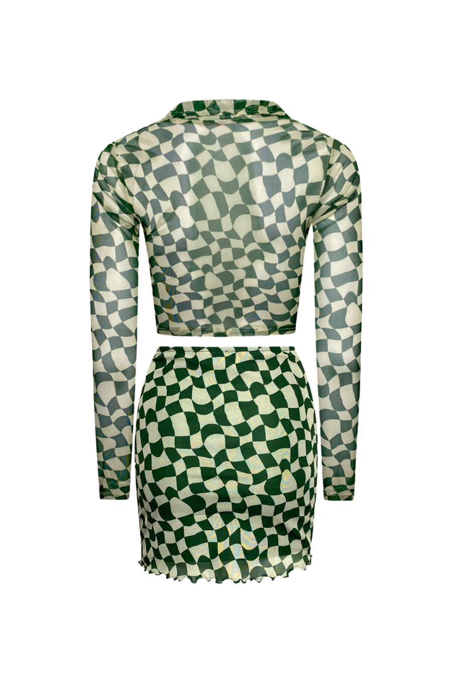 "WAVY CHECKERS" Forest Green & Cream Print Mesh High-Waisted Short Skirt