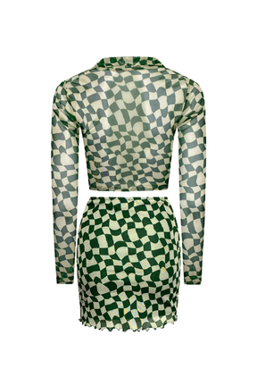 "WAVY CHECKERS" Forest Green & Cream Print Mesh Two-Piece Set