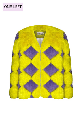 bold oversized diamond pattern coat jacket vegan mink fur yellow purple jayley jay ley collection runway style trend trending colorful lady gaga rihanna cardib cardi b megan thee stallion nicki minaj  ice spice asos prettylittlething fashionnova michael kors missguided nastygal gift retro groovy fashionista fashion forward