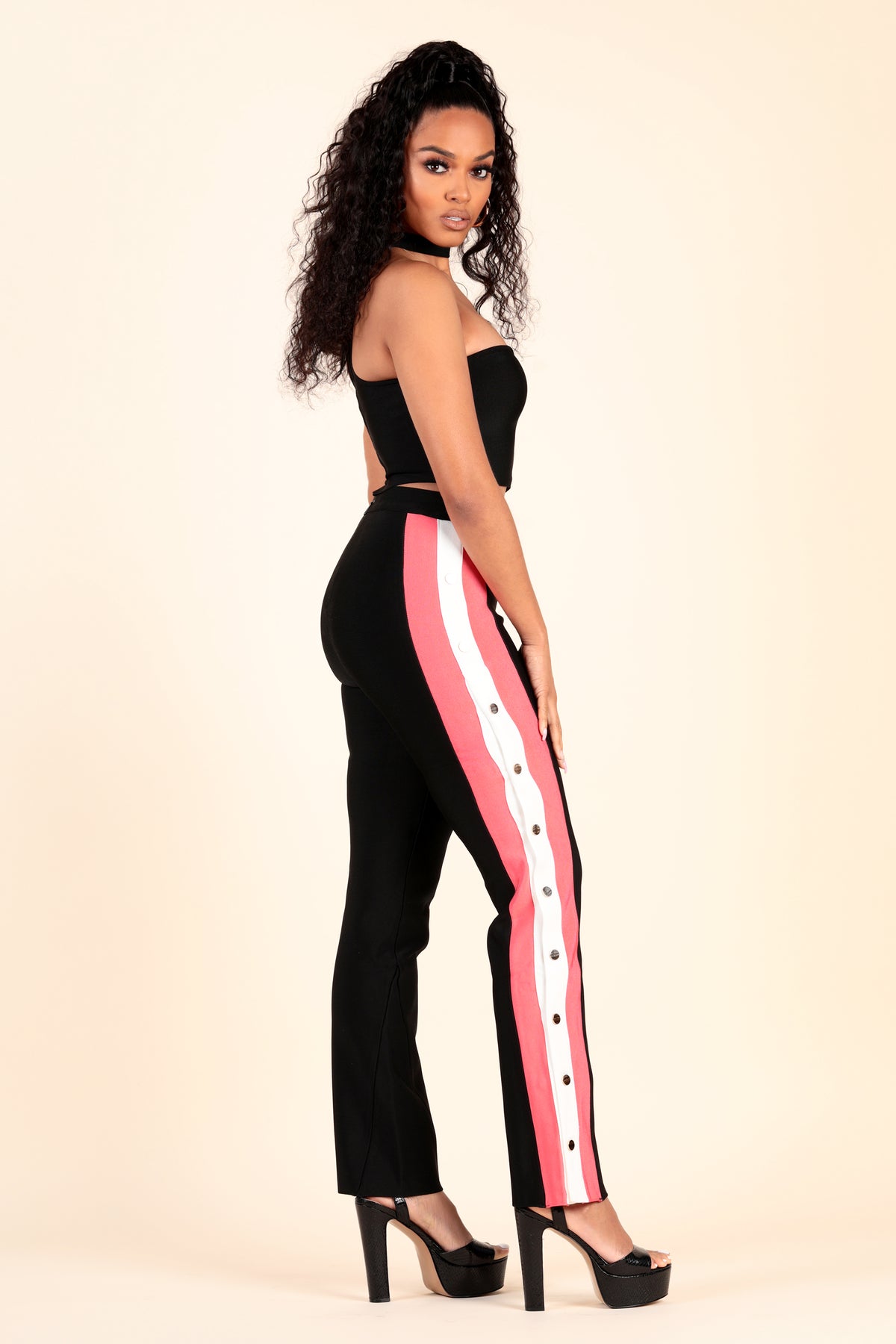 lustruck choker tube top flare striped pant gold snap buttons two piece black cloral white day party night clubbing girls ladies event sporty bandage bodycon fashionnova prettylittlething house of cb missguided forever 21 bebe 