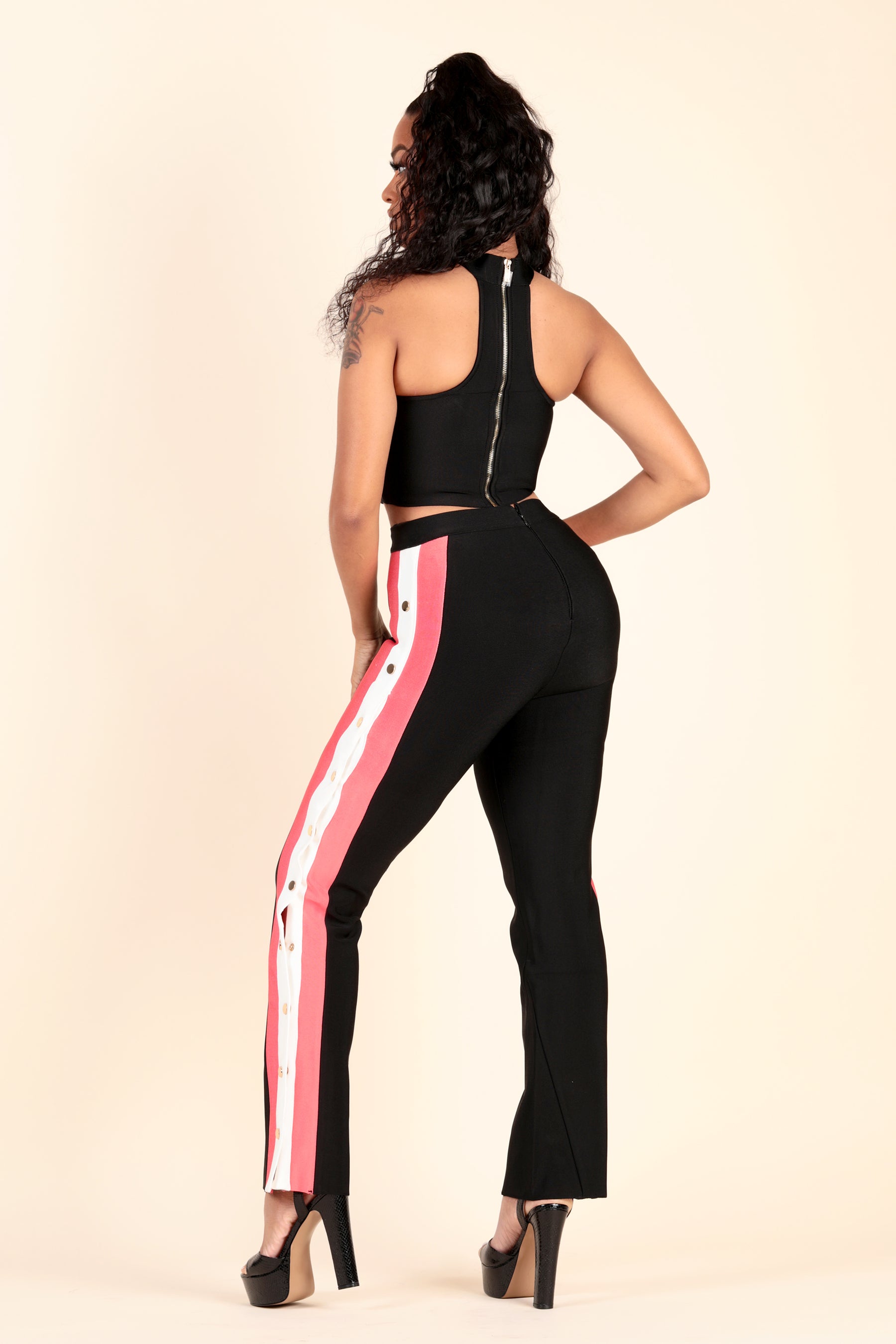 lustruck choker tube top flare striped pant gold snap buttons two piece black cloral white day party night clubbing girls ladies event sporty bandage bodycon fashionnova prettylittlething house of cb missguided forever 21 bebe zipper