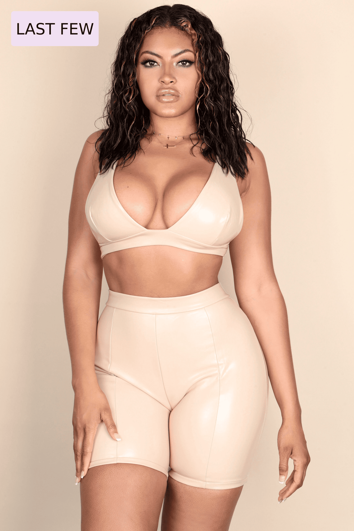 nude beige champagne vegan leather deep-v two piece set biker shorts back clasp closure adjustable straps wholesale retail shopping online boutique forever 21 fashionnova shein boohoo missguided love lust club clubbing bar dayclub boo babe honey sugar girlfriend wife beige 