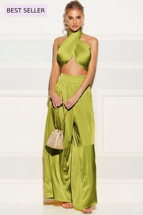two piece set wrap crop top scarf wide leg trousers brilliant yellow envy green royal blue silk satin shiny vacay vacation sexy day event bright bold fashionnova house of cb tiger mist boohoo missguided nastygal shop shopping women's clothing fashion trend bongo bongos cardib cardi b megan thee stallion baecation
