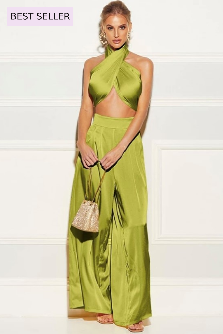 two piece set wrap crop top scarf wide leg trousers brilliant yellow envy green royal blue silk satin shiny vacay vacation sexy day event bright bold fashionnova house of cb tiger mist boohoo missguided nastygal shop shopping women's clothing fashion trend
