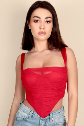 mesh satin red bustier corset crop top boned wire boning asymmetrical straps V shaped women women's clothing fashion wear apparel online shopping retail boutique wholesale sweetheart square neckline girlfriend wife lover boo babe shopping honey sugar fashionnova forever 21 house of cb missguided boohoo shein prettly little thing 